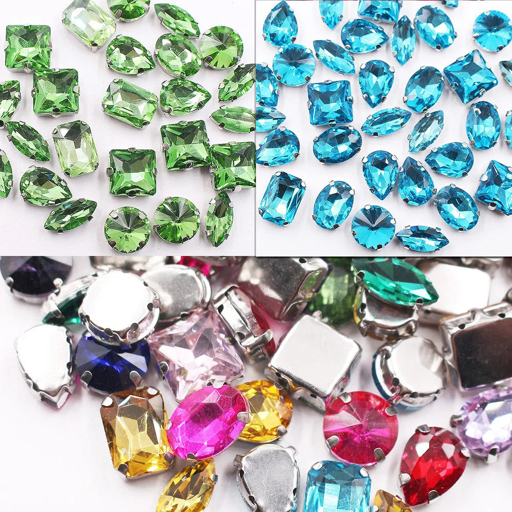 

TOP Dress Gems Mix Shape 7x15mm 10x14mm fFlatback Silver Metal Claw Base Shiny Glass Crystals Stones Strass Sew On Rhinestones