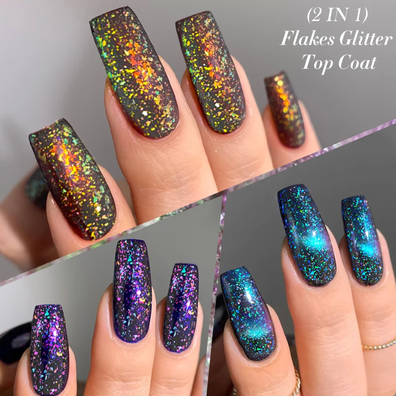 LILYCUTE 2 IN 1 Flakes Glitter Top Coat Gel Polish Nail Art Vernis Semi Permanent UV Sparking Aurora No Wipe