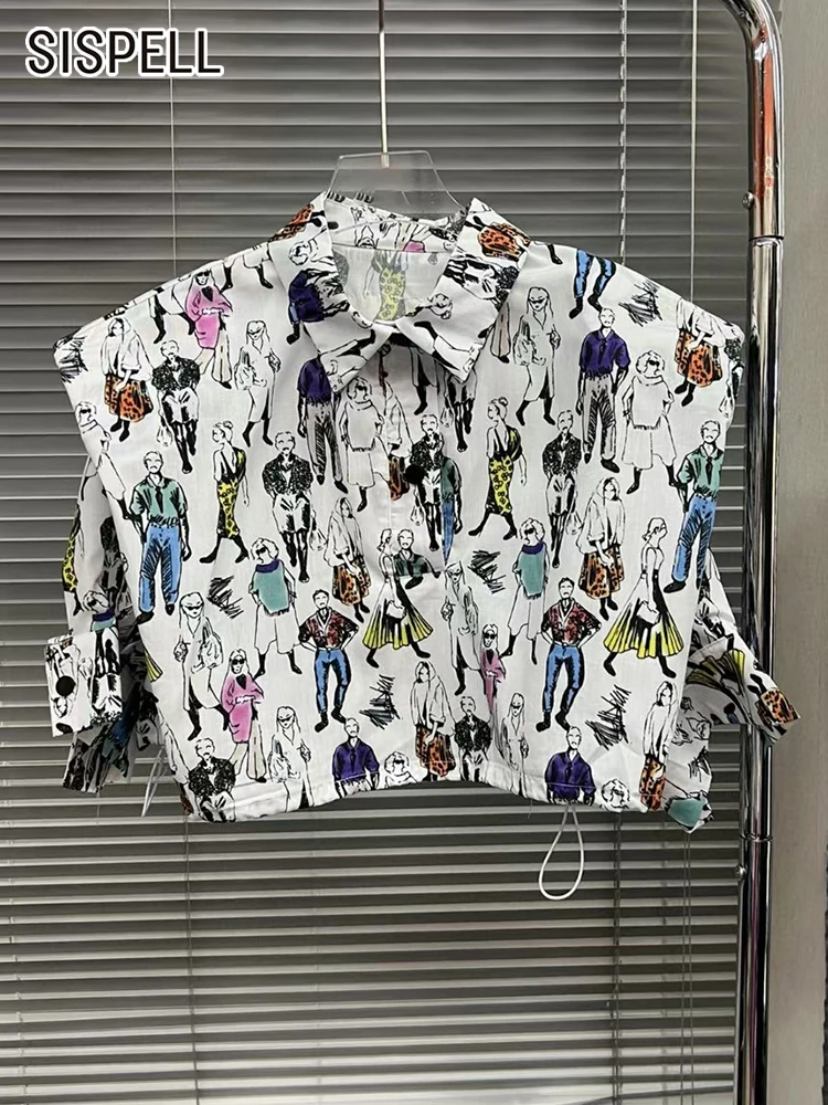 

SISPELL Print Color Block Straight Shirt For Women Lapel Short Sleeve Loose Button Through Blouse Female Fashion Summer Clothing