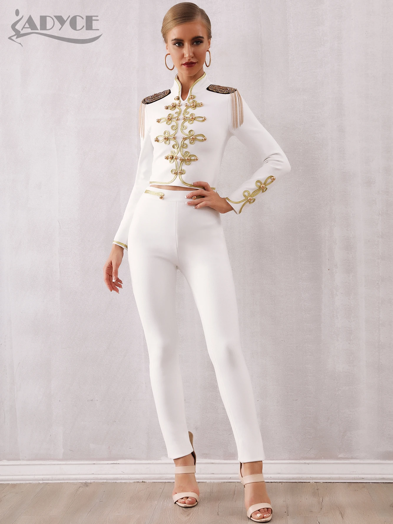 

Adyce 2022 новый зимний женский клубный бандажный комплект, черно-белый топ с кисточками и штаны, комплект из 2 предметов, вечерний комплект знам...