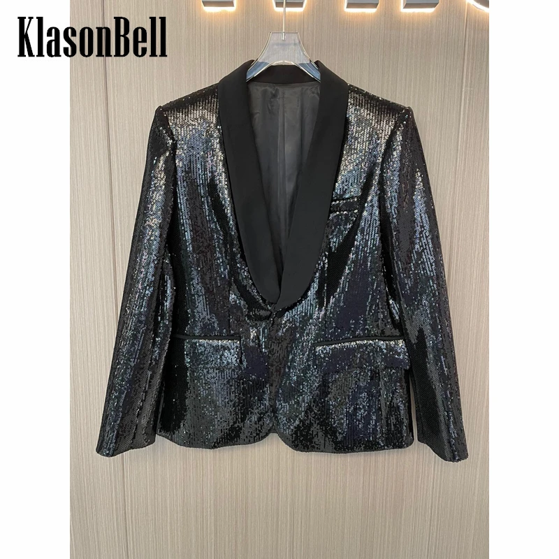 

Женский блейзер KlasonBell, подиумный роскошный блестящий черный блейзер с наплечниками и блестками, 9,5
