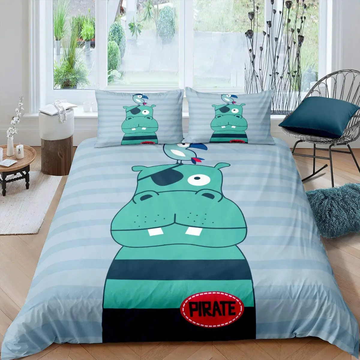 

Comforter Cover Set for Kids Wild Animal Polyester Quilt Cover Hippo Duvet Cover Set King Size Cartoon Hippo Holding Pink Flower