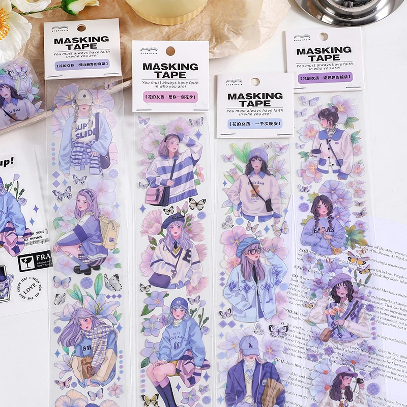 

MOHAMM 1 Sheet PET Purple Comic Girl Masking Tape for DIY Art Craft Scene Collage Diary Journal Decoration