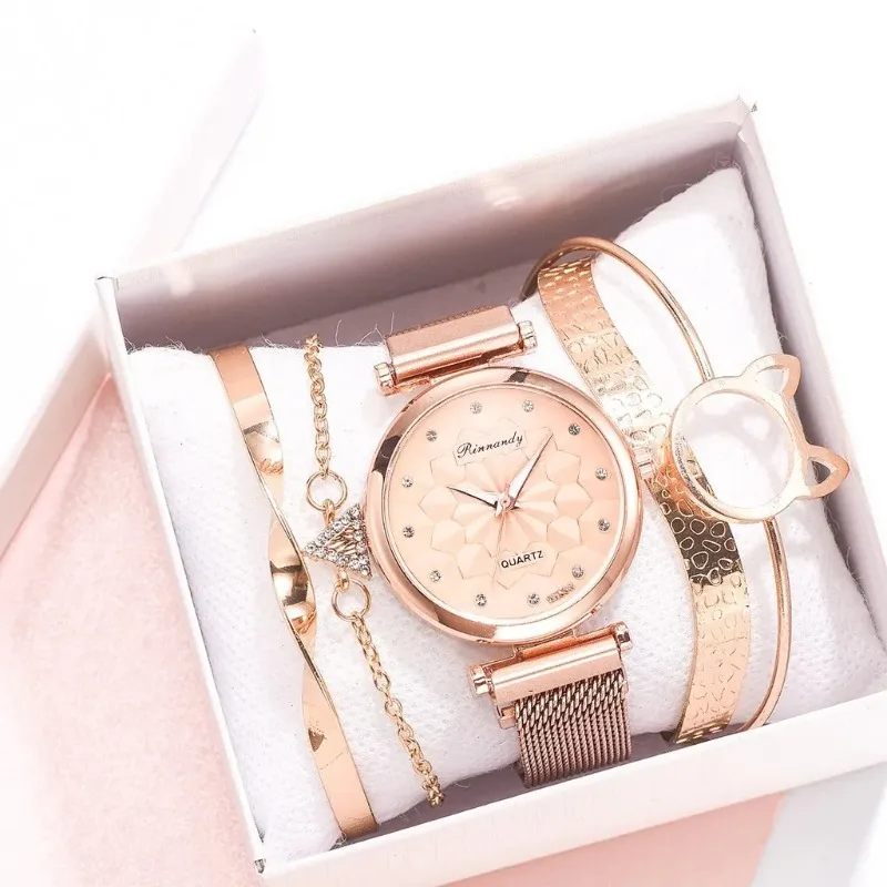 

5 шт./комплект, Женские кварцевые наручные часы с сетчатым браслетом