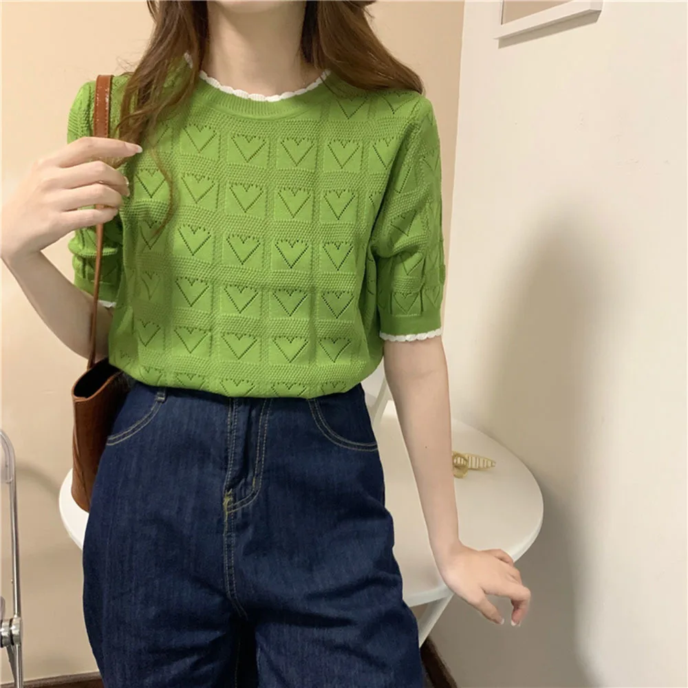 

Women Summer Thin Knitted T-Shirt Female Casual Hollow Out Stripe Knitwear Short Sleeve Tops Women Fashion O-Neck Tees Female
