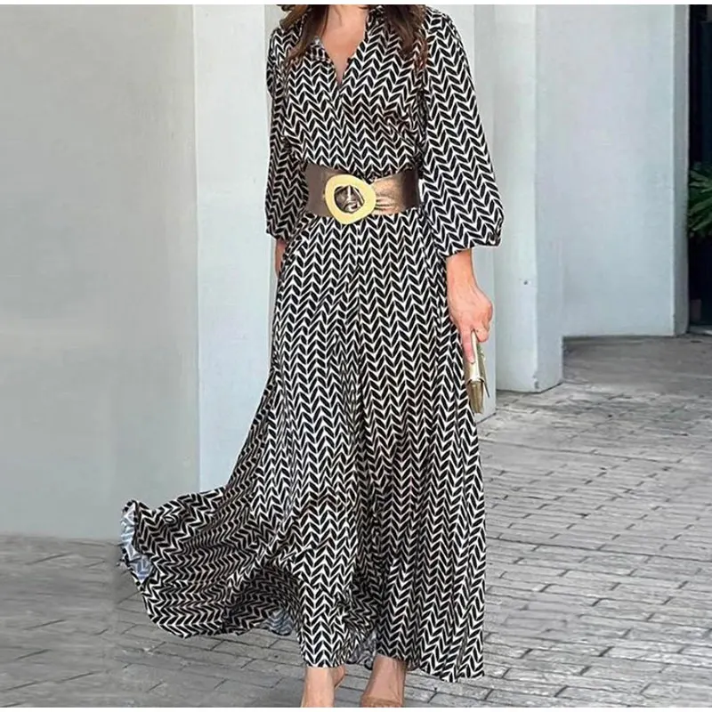 

2023 Summer Printed Belt Dress Women's Chic Shirt Style Lapel Long Sleeve Dresses Elegant Casual Office Lady Vestidos