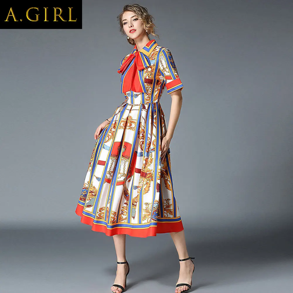 

A GIRLS Banulin HIGH QUALITY 2020Newest Runway Designer Summer Dress Women's Short Sleeve Shirt Collar Stripe Printed Bow Midi
