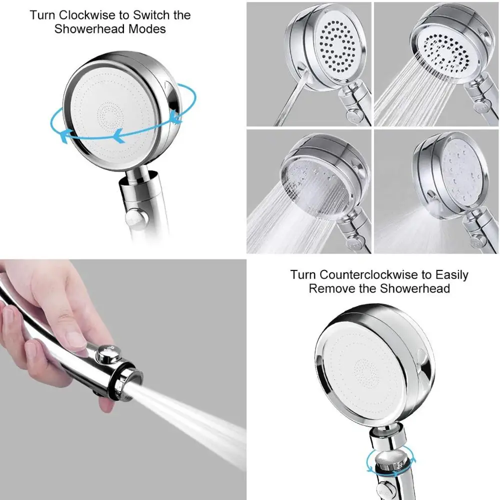 

Removable filter with hose, on / off pause switch, hand-held shower head, high pressure 5 function adjustable shower head,