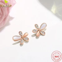 real 925 sterling silver jewelry shell zircon flower stud earrings for women rose gold plating femme luxury popular accessories