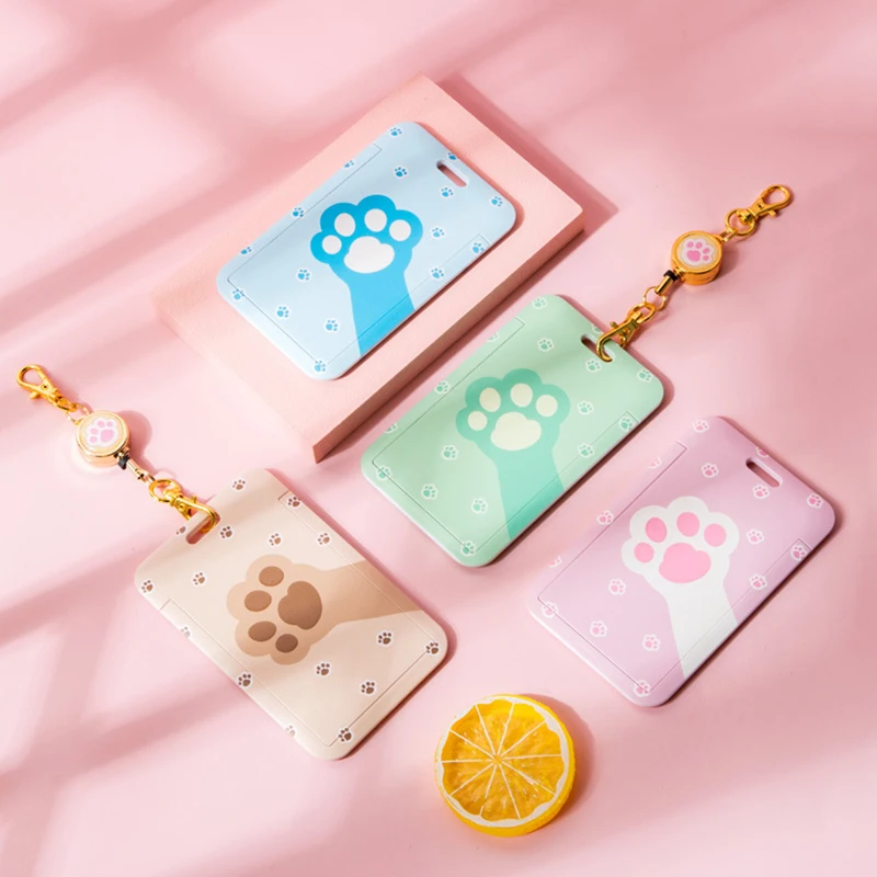 

Kawaii Cat Paw Card Holder Korean Stationery Cute ID Business Card Protective Case Postcard Holder Retractable Badge Clip Office
