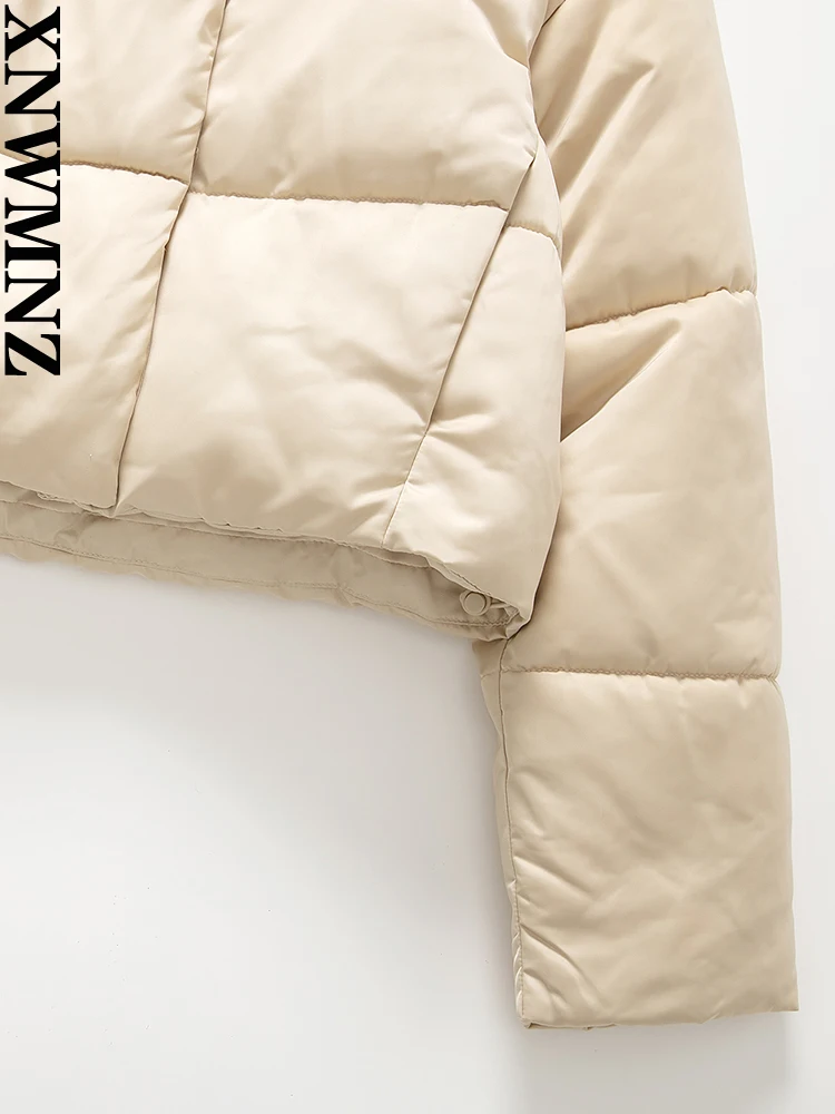 XNWMNZ Women Fashion High-quality Thick Warm Waterproof Satin Puffer Padded Jacket High Neck Long Sleeve Zip  Female Outwear Top