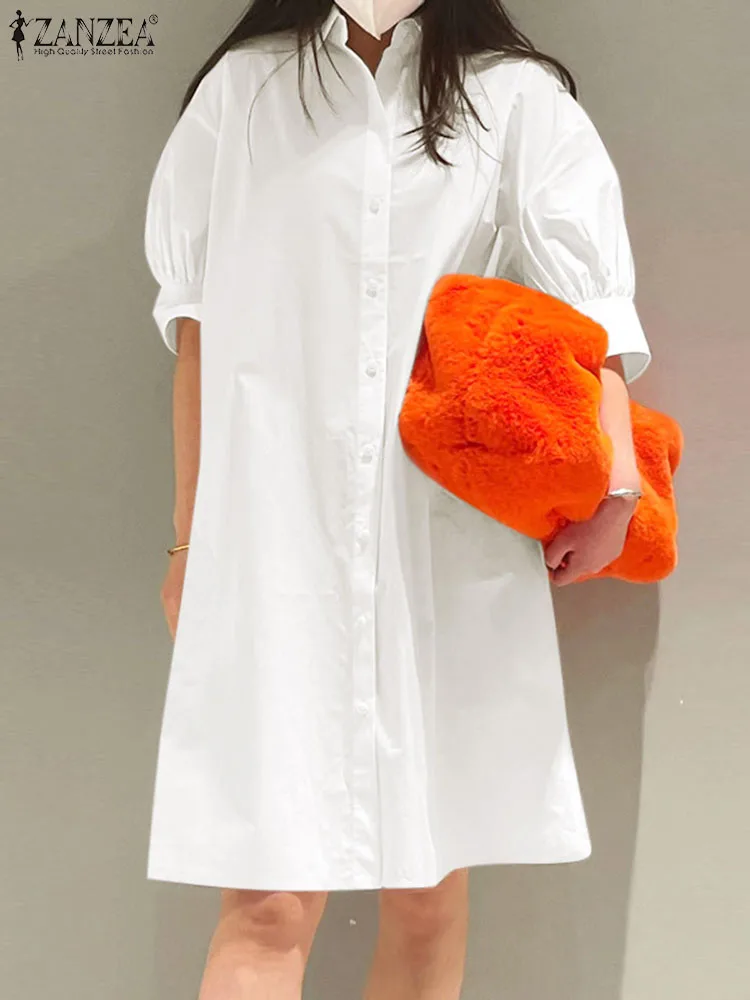 

Женское платье-рубашка с отложным воротником и рукавами-фонариками, модель 2023 года, модный летний Однотонный сарафан большого размера ZANZEA, повседневные юбки до колена