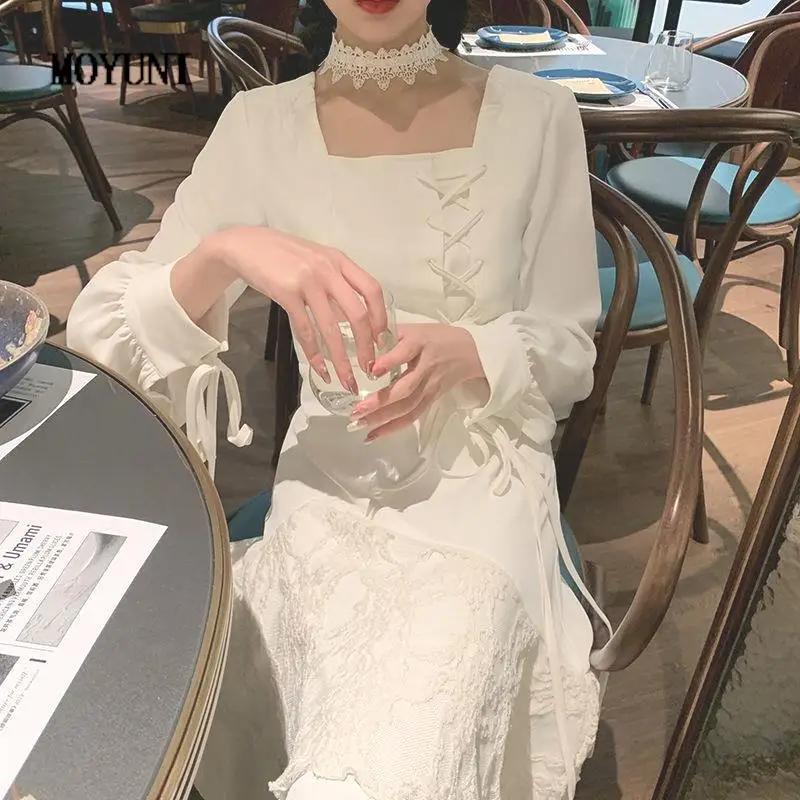 

Summer Designer Elegant White Black Dress Women Chic Korean Split Irregular Bandage Dress High Street Outdoor Party Dresses 2021