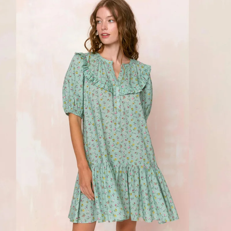 2023 Spring and Summer New Women Retro Green Ruffled Straps Pleated Small Floral Bubble Short-sleeved Dress