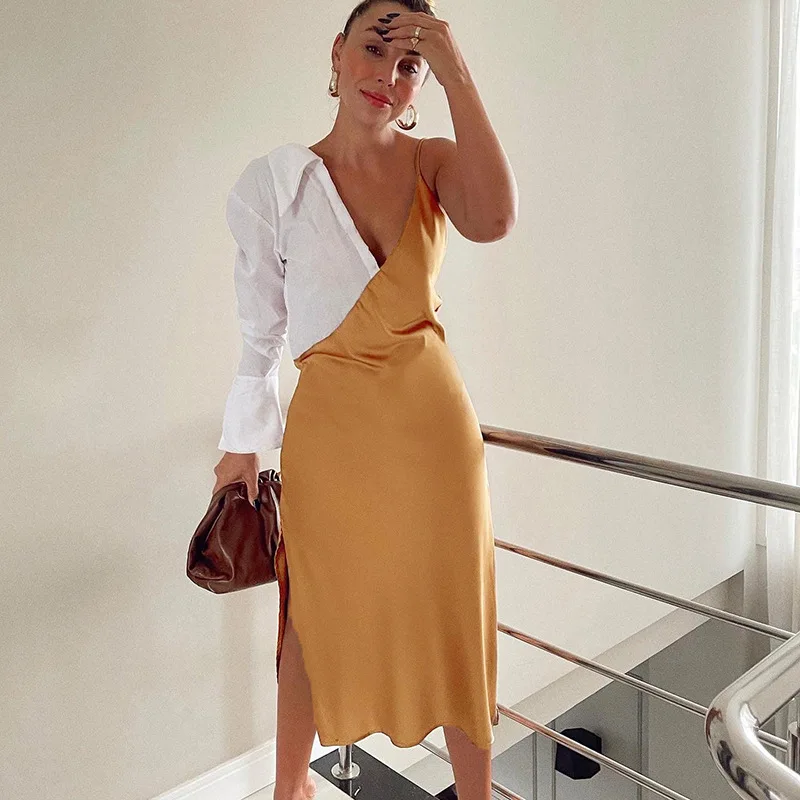 

Женское асимметричное вечернее платье, элегантное лоскутное платье контрастных цветов на одно плечо с длинным рукавом и V-образным вырезом,...