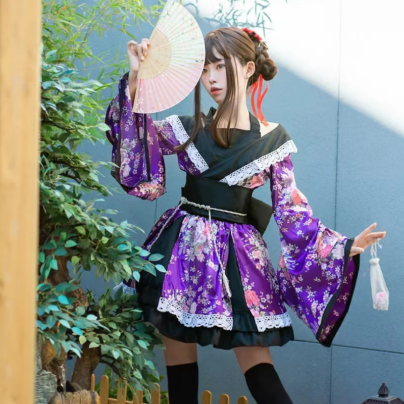 

Traditional Japanese Lolita Anime Cosplay Costume Kimono Dress for Women Sakura Girl Haori Party Stage Outfit