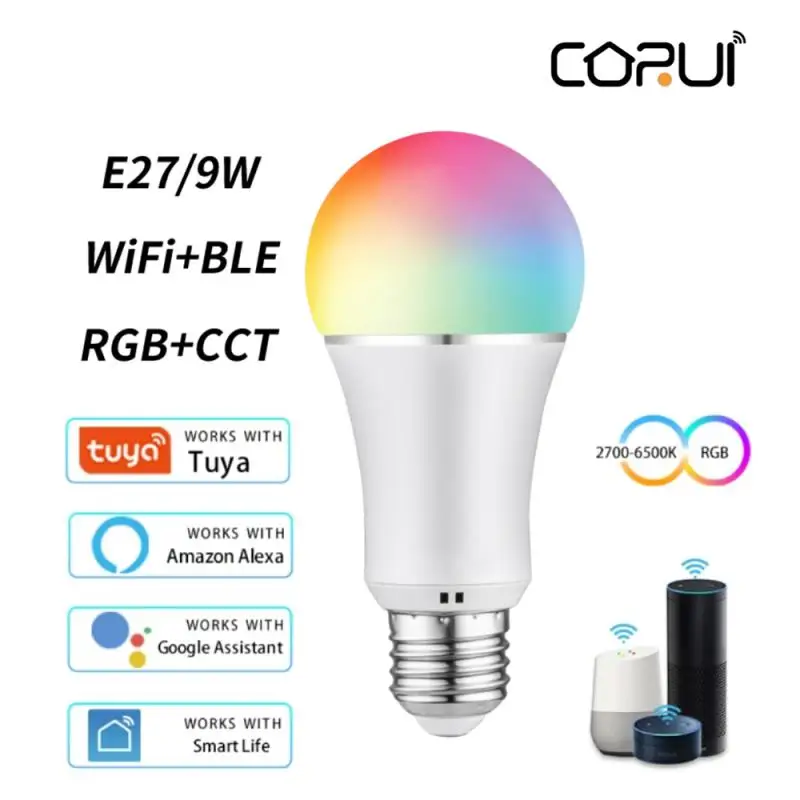 

CORUI Tuya WiFi+BLE Smart LED Bulb 9W E27 RGB+CCT LED Lamp Party Decoration Light Work With Smart Life Alexa Google Home