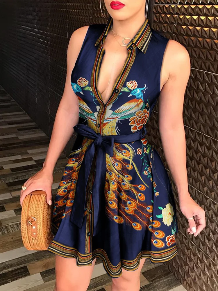 

Scarf Print Sleeveless Tied Detail Shirt Dress