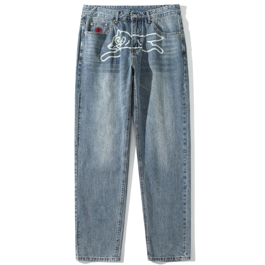 Dog Print Jeans Men Fashion Streetwear Harajuku Denim Pants Black Blue Casual Loose Straight Jeans for Man
