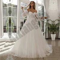 modern white wedding dresses beads appliques vestidos de novia luxury spaghetti strap puffy sleeve a line robe de mariee