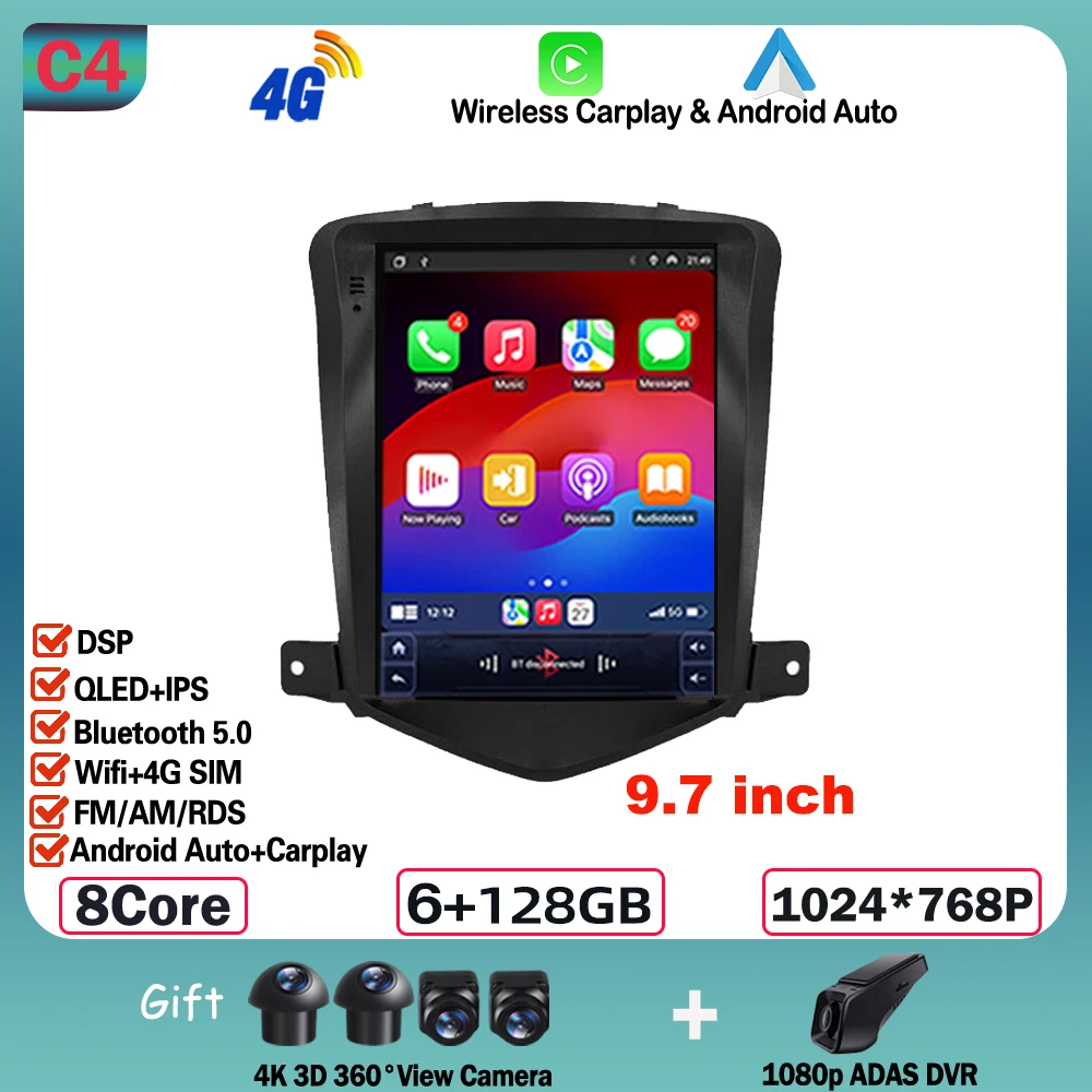 

9,7 дюйма для Chevrolet Cruze 2008-2012 Android 15 Автомобильный радиоприемник Мультимедийный видеоплеер GPS беспроводной android Авто WIFI 4G NO 2DIN
