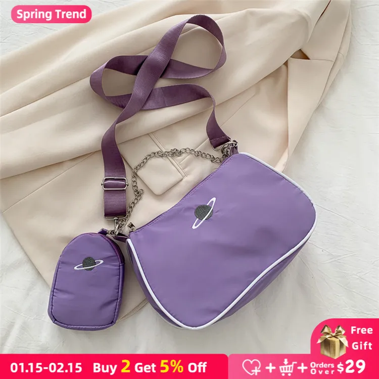 

Fashion Nylon Women Shoulder Bag Ladies Chain Messenger Bags Wide Shoulder Strap Girls Underarm Bag Baguette Handbags with Purse