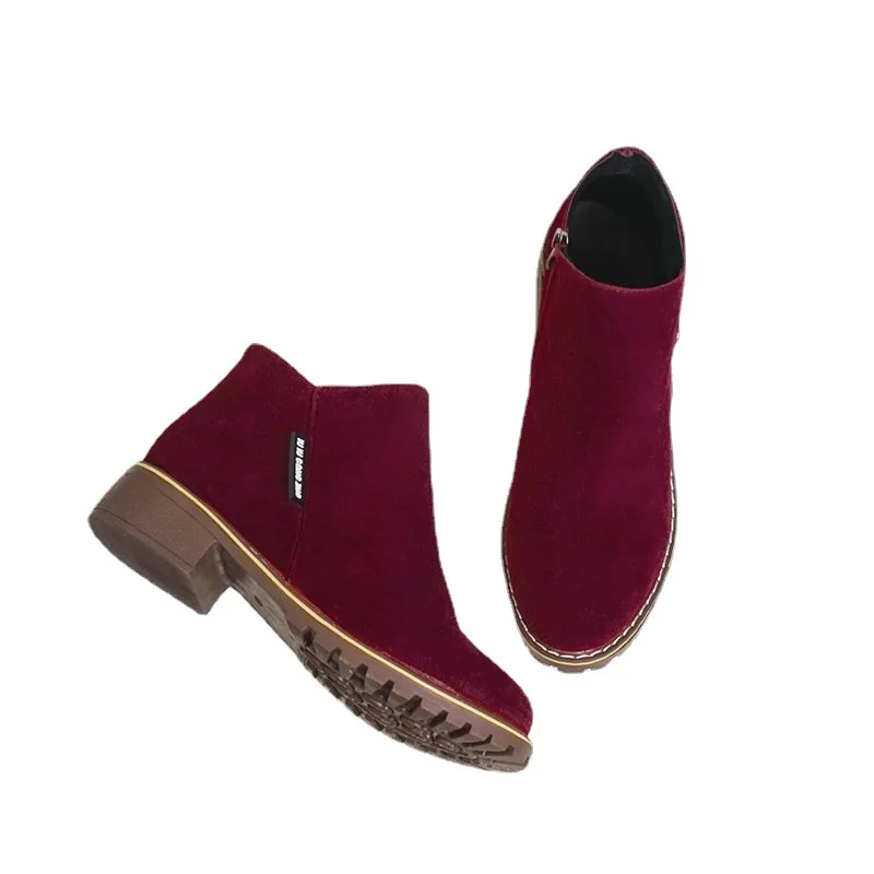 2021 Autumn and Winter European and American New Style Suede Side Zipper Thick Heel Single Boots Mid-heel Short Boots Women
