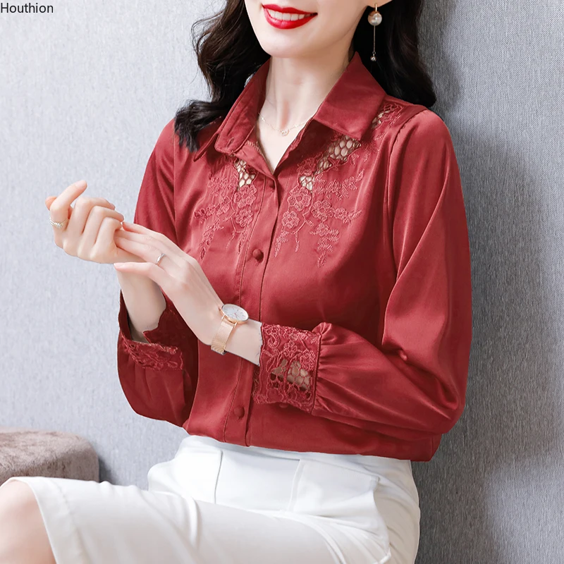

Women's Blouses Casual Silk Polo Shirt Korean Loose Fashion Summer Long Sleeve Top Spring Solid Lady Clothing Houthion