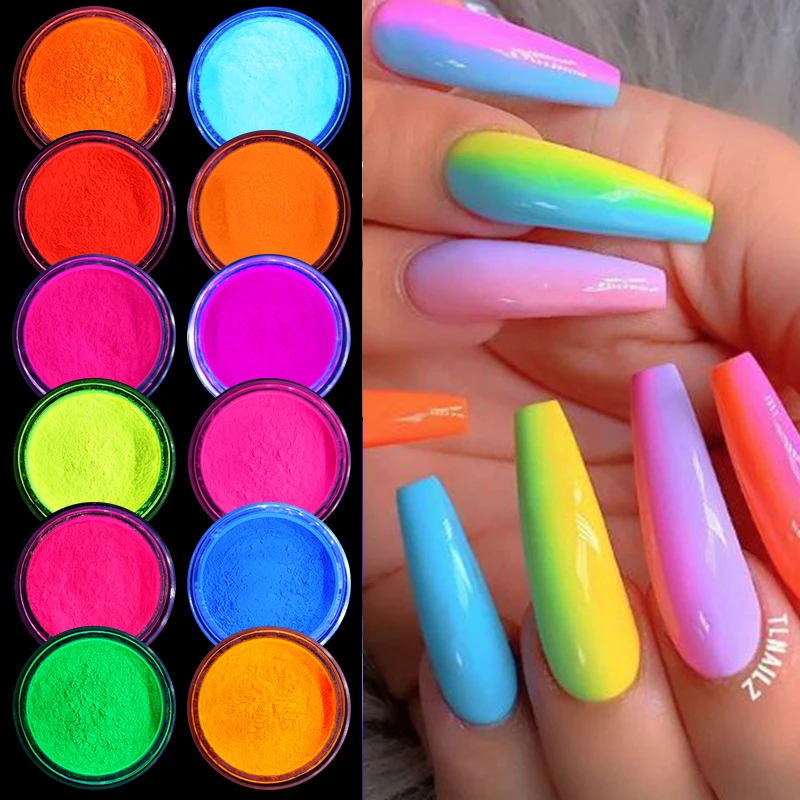 

12 Boxes Neon Pigment Powder Set Fluorescent Nail Glitter Shinny Ombre Chrome Dust DIY Gel Polish For Nails Art Decor 6 Boxes