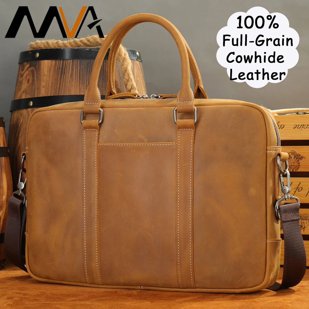 MVA Genuine Full Grain Leather Men's 13.3" Laptop Briefcase Messenger Bag Tote Satchel Bag with Back Strap Gift For Him    5028