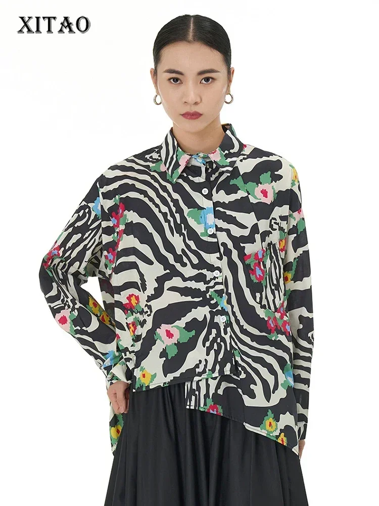 

XITAO Asymmetric Striped Print Shirt Loose Appear Thin Trend Street Wind Women Autumn New Arrival Single Breasted Top LYD1186