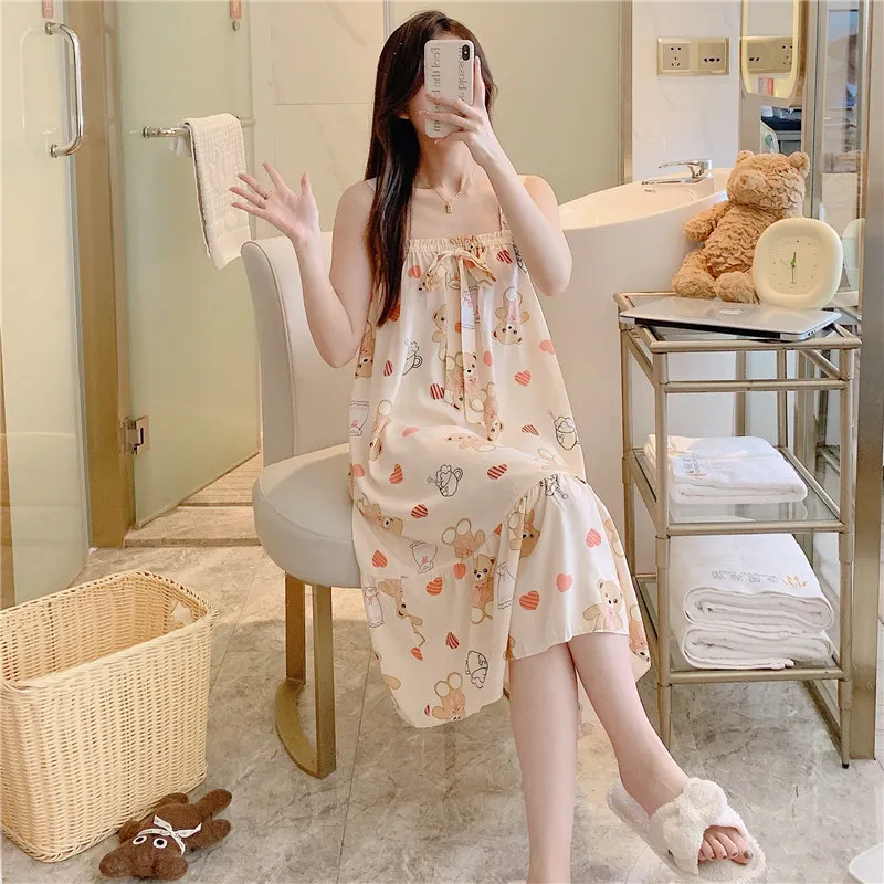 New Sling Cotton Silk Pajamas Women's Summer Thin Section Sweet and Lovely Fresh Ladies Printed Home Service