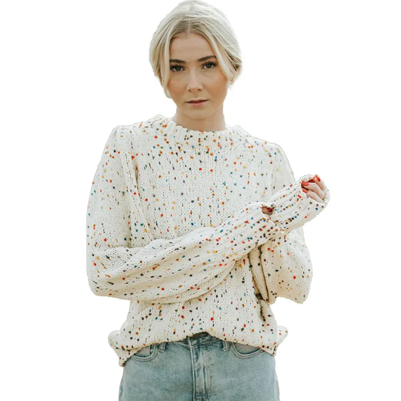 

Autumn pullover round neck long sleeve tops casual polka dot warm knit sweater women