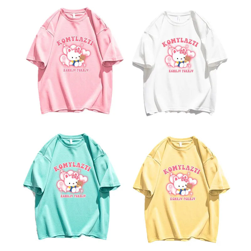 

Kawaii Sanriod летняя хлопковая Футболка с рисунком аниме периферийный Китти милый Свободный Топ с коротким рукавом японская Милая ветровка Женс...