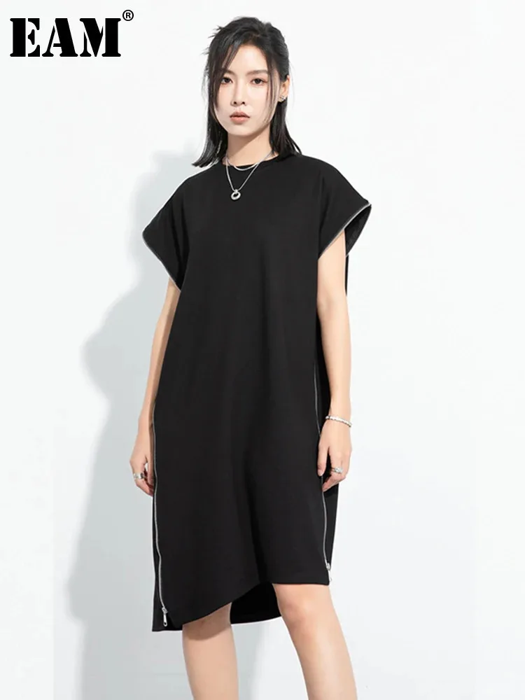 [EAM] Женское черное повседневное мини-платье на молнии неправильной формы