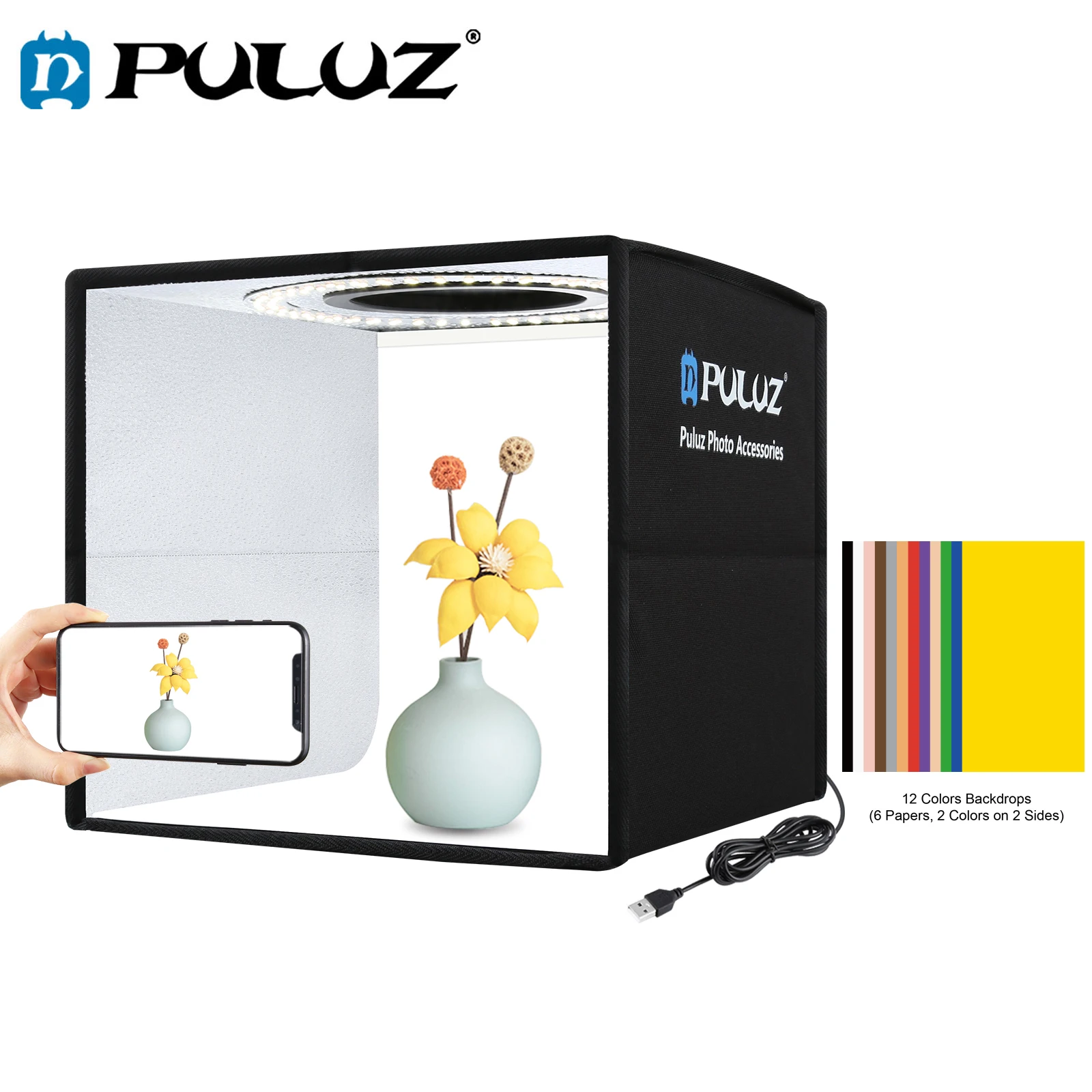 

Складная студийная коробка PULUZ 25x25 см, палатка для съемки с регулируемой яркостью, круглый светодиодный светильник, жизнь, фотография еды, фотобокс с 12 цветными фонами
