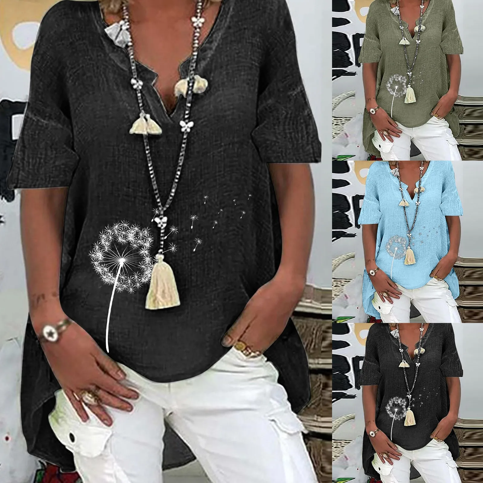 

Женская блузка с коротким рукавом, V-образным вырезом и цветочным принтом