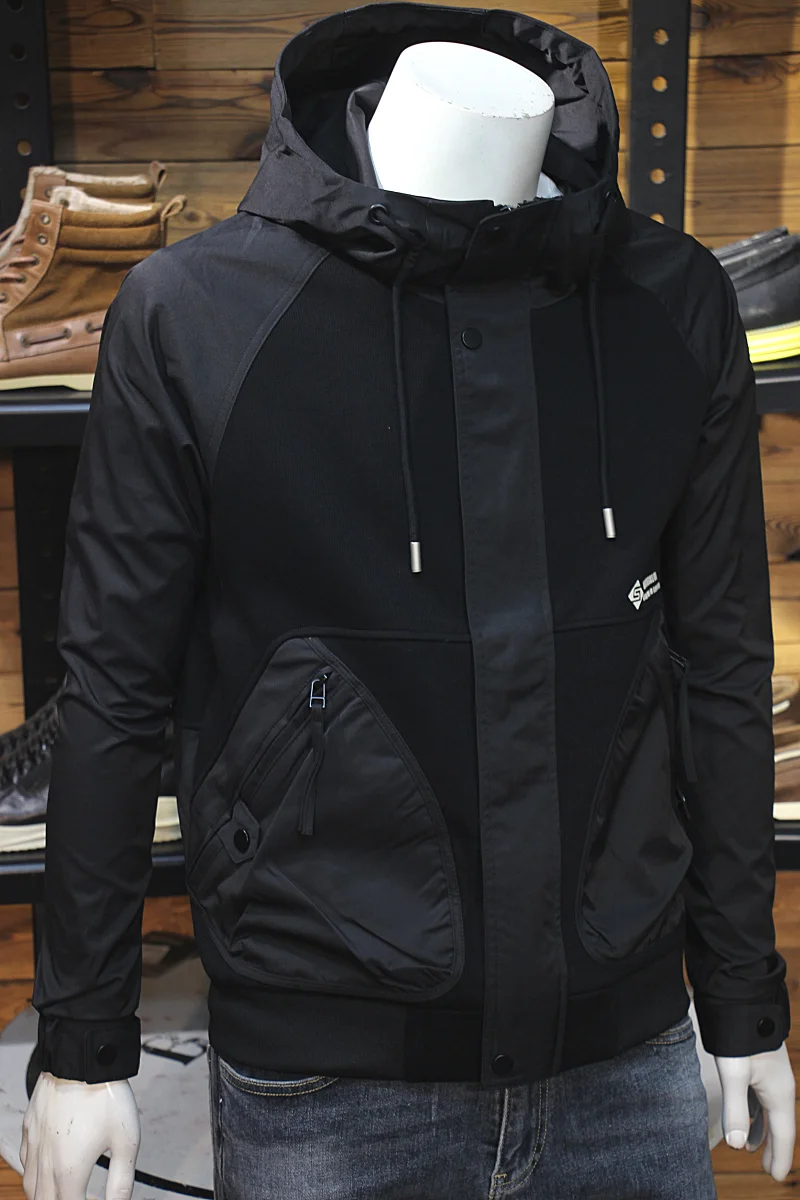 Осенняя одежда мужская вязаная лоскутная толстовка с капюшоном облегающая