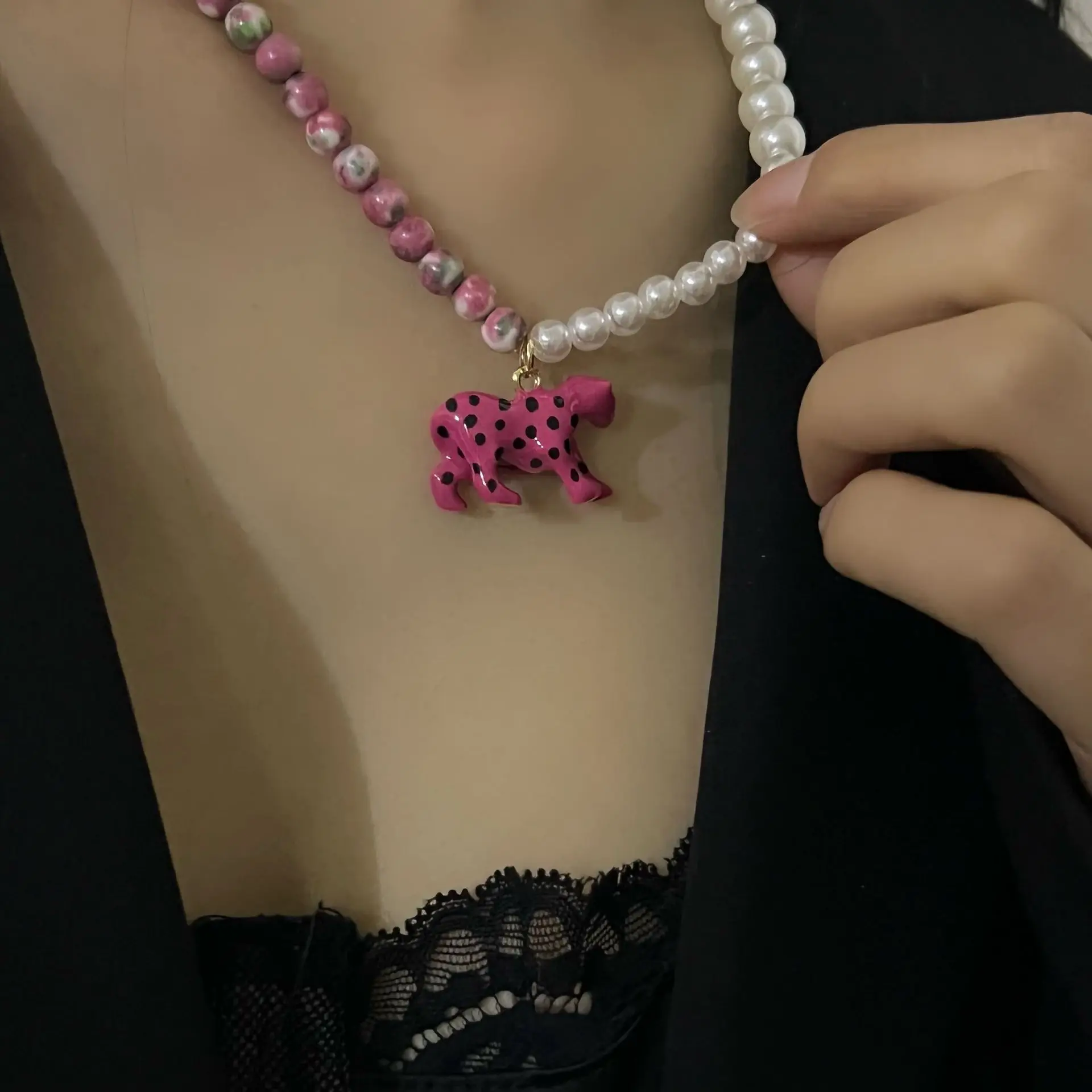 

Нишевый дизайн жемчужно-Розовый леопардовый искусственный роскошный модный женский чокер с кольцом Женская цепочка Ювелирный Комплект