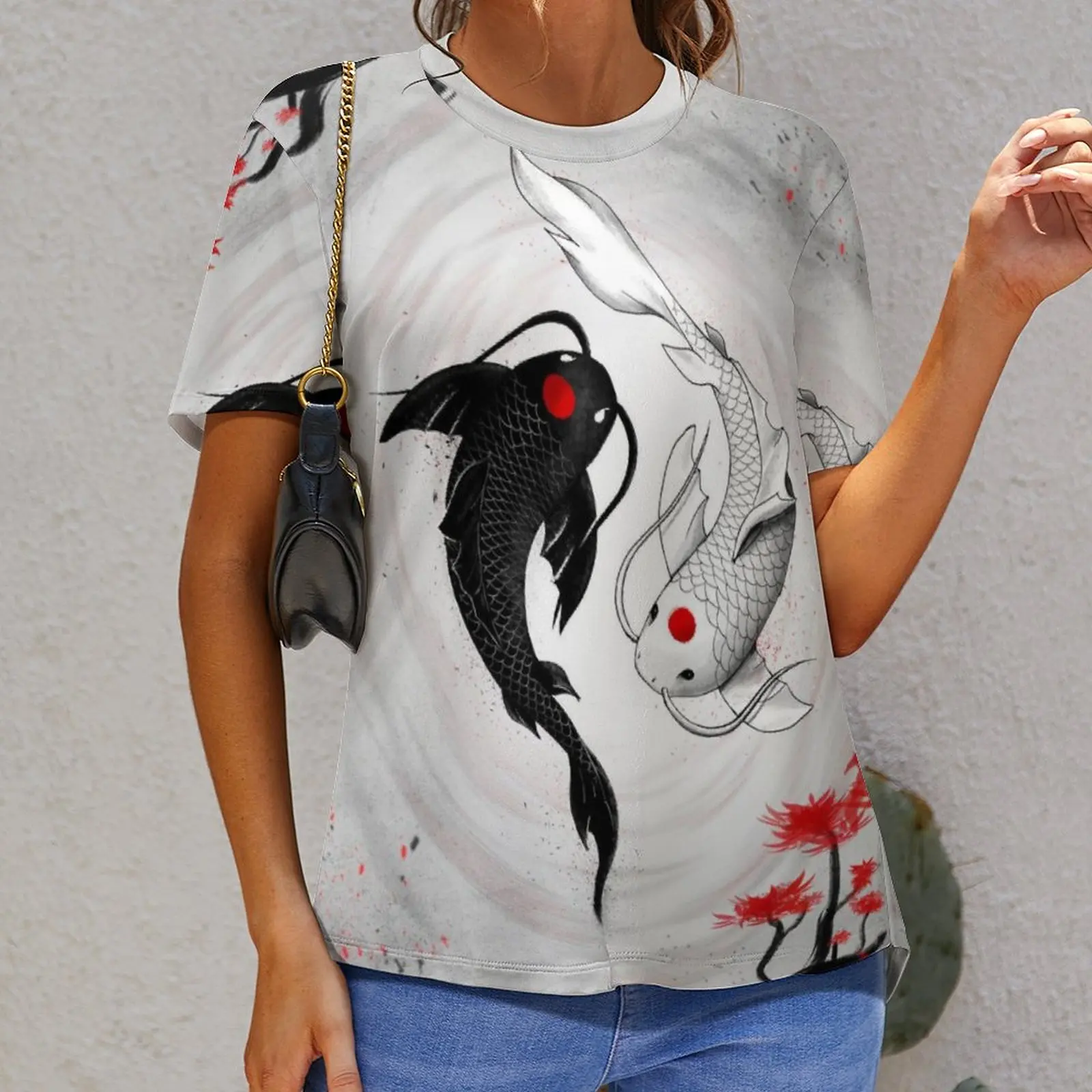 

Koi Carp Fish Couple Swimming with Cherry Blossom Sakura Branch Culture (2) Graphic Cool Top Tee top Quality Fitness USA Size