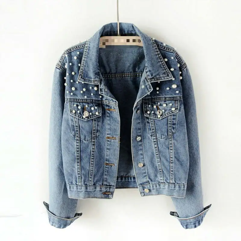 

Korean Casual Pearl Beading Short Denim Jackets 2023 Summer Chic Street Jeans Jacket Lapel Button Blue Cropped Denim Coat