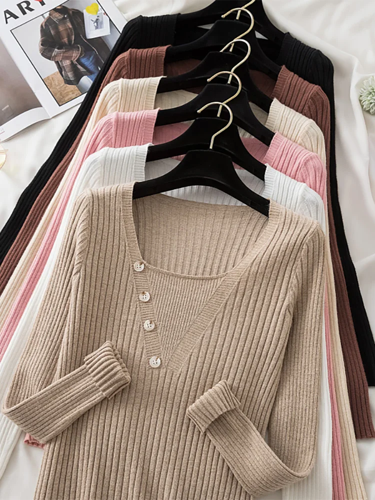 

Croysier Knitwear Tops Women Elegant Square Neck Front Buttons Slim Fitted Pullover Sweater Long Sleeve Casual Ribbed Knit Top