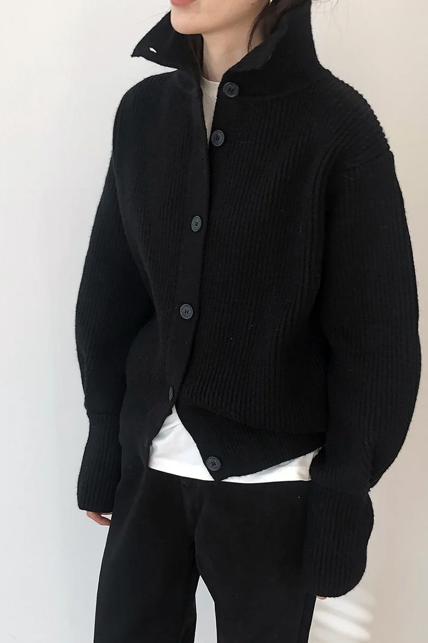 Women's Autumn Winter Lean Lazy Wind High Neck Single Breasted Knitted Cardigan Loose Sweater Solid Color Coat |