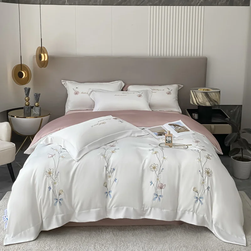 

Summer Ice Flowers Embroidery Princess Bedding Washed Silk Smooth Soft Quilt Cover Flat Bed Sheet Set Pillow Sham