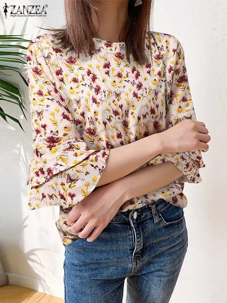 

Летняя Блузка ZANZEA 2022, модные топы с цветочным принтом, женские элегантные рубашки с расклешенными рукавами, повседневные праздничные рубаш...