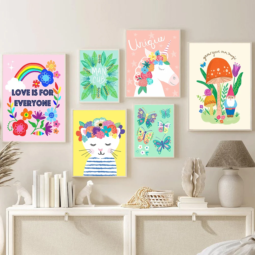 

Alligator Jungle Art Kids Room Wall Poster Print Rainbow Tropical Flower Illustration Nursery Canvas Painting Room Home Decor