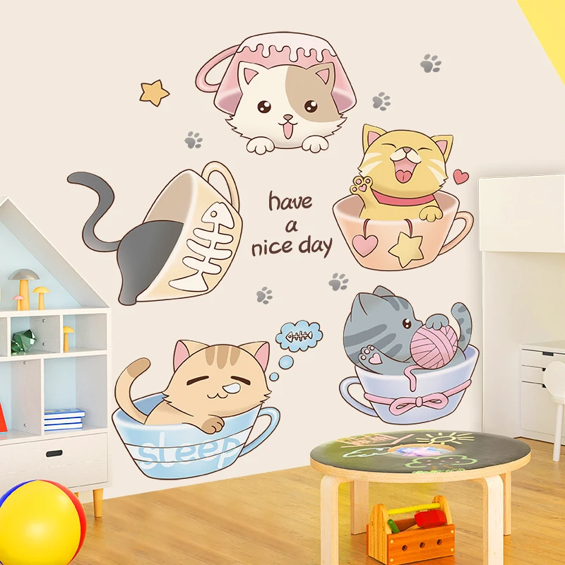 

[SHIJUEHEZI] Cartoon Cups Wall Stickers DIY Cats Animal Mural Decals for Kids Room Baby Bedroom Kindergarten Home Decoration