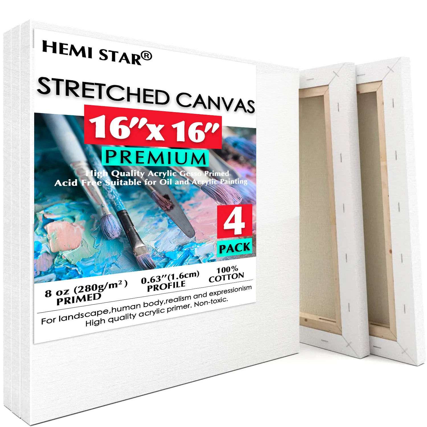 

4 Stretched Canvases for Painting 40x40cm,16x16 inch Primed White 100% Cotton Blank Canvas Boards for Painting 8 oz Gesso-Primed