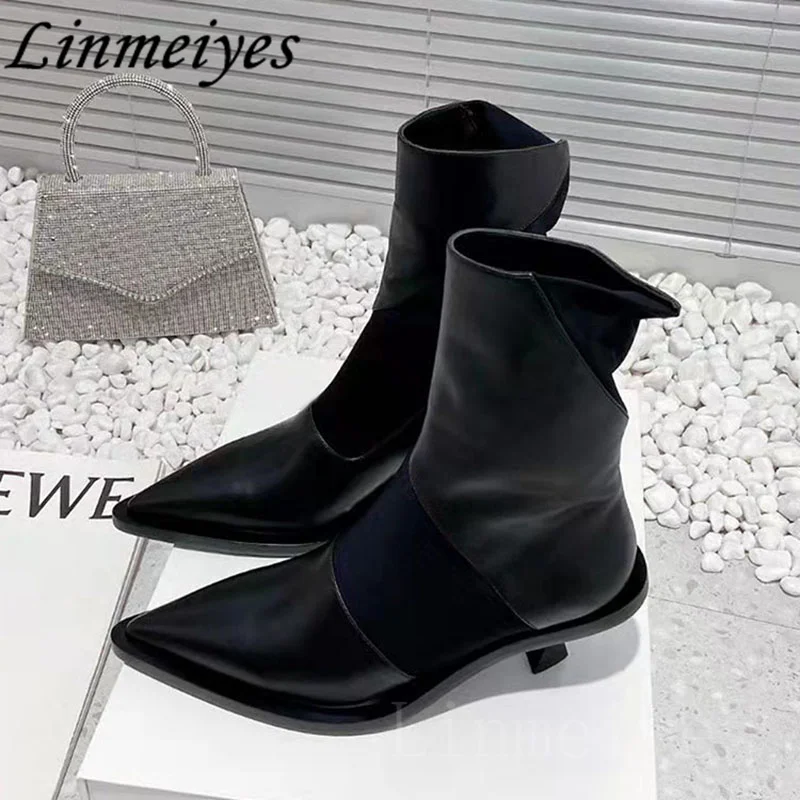 

Sexy Kitten Heels Modern Boots Women Patchwork Real Leather Ankles Shoes Lady Fashion Stiletto Pointy Toe Slip-On Boots Women