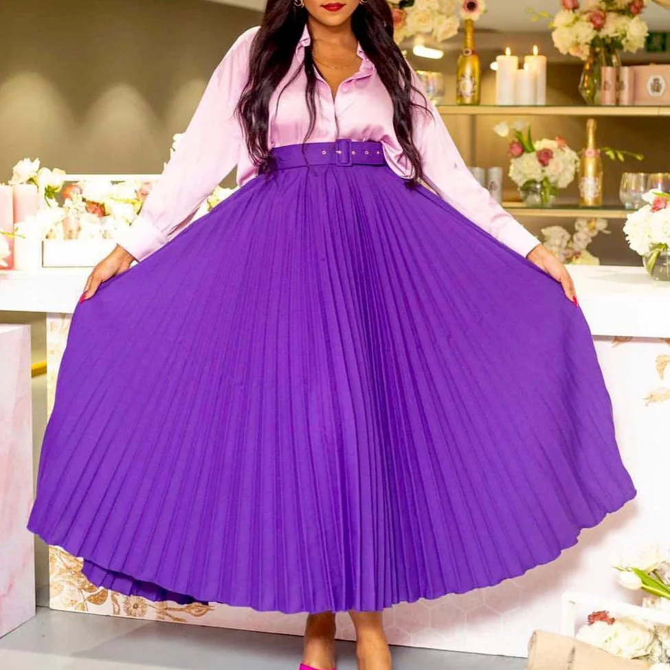 

Women's Draped Long Skirt with Belt, High Waist Design, Purple, Candy Color, Female Bottoms, Plus Size, 3XL